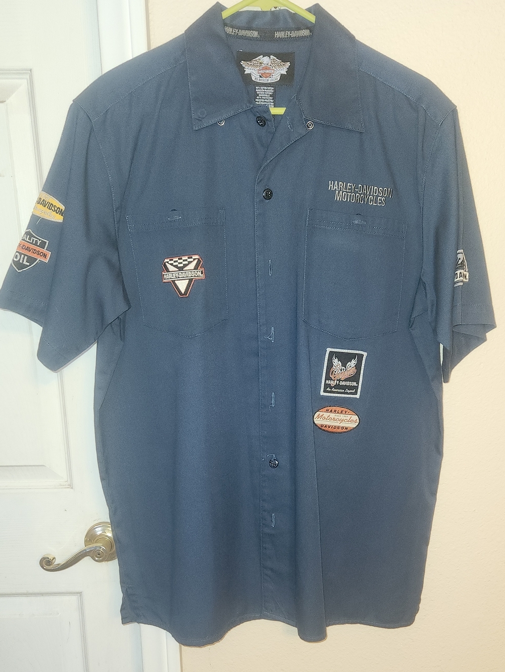 Harley-Davidson Men's Short Sleeve Button-Down Shirt - Navy Blue with Patches